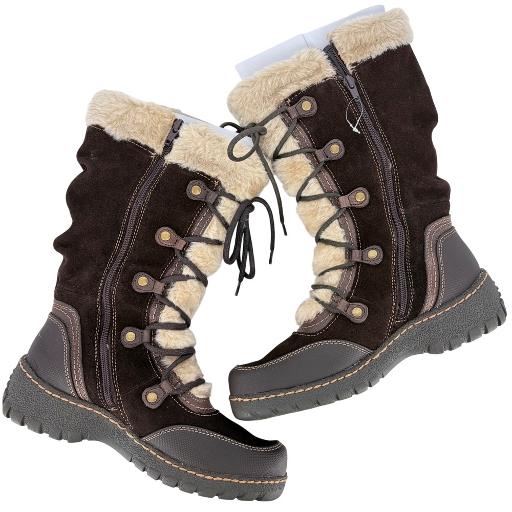 BareTraps Bianka Winter Boots Suede Faux Fur SDS Stay Dry Brown 8.5 Lace Up